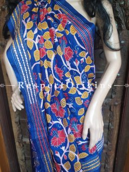 Blue Kantha Stitch Thread Work Silk Saree; Intricate Floral Design; Blouse Included; RespectOrigins.com