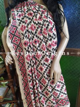 Classic Beige Kantha Stitch Thread Work Silk Saree; Intricate Motif with Black and Red Border; Blouse Included; RespectOrigins.com