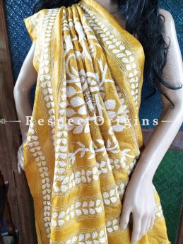 Magnificent Kantha Stitch Thread Work White on Mustard Base Silk Saree; Floral & Peacock Design Pallu; Blouse Included; RespectOrigins.com