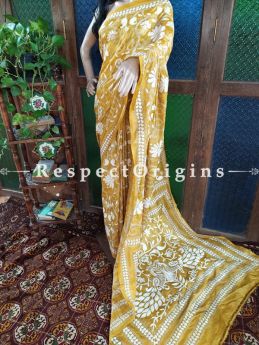 Magnificent Kantha Stitch Thread Work White on Mustard Base Silk Saree; Floral & Peacock Design Pallu; Blouse Included; RespectOrigins.com