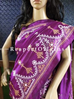 Purple Kantha Stitch Thread Work Silk Saree; Intricate Design With Mirror Work Pallu; Blouse Included; RespectOrigins.com