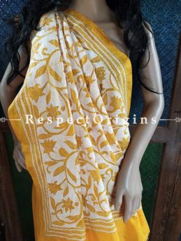 Splendid Kantha Stitch Thread Work White on Mustard Base Silk Saree; Floral Design; Blouse Included; RespectOrigins.com