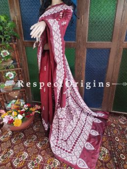 Stunning Kantha Stitch Thread Work White On Maroon Base Silk Saree; Intricate Motif and Mirror Work Pallu; Blouse Included; RespectOrigins.com