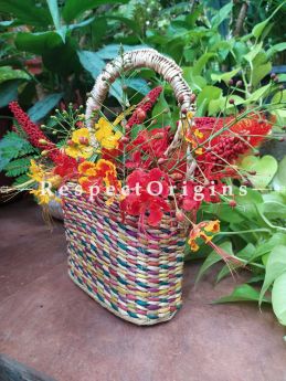 Multicoloured Handwoven Organic Kauna Grass Multicolored Shopping or Beach Hand Bag; Height- 6 Inches, Width- 3 Inches, Depth- 9 Inches, With Handle- 14 Inches at Respectorigins.com