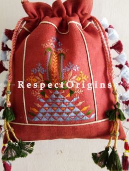 Exclusive Handmade Beautiful Handmade Soof Embroidered Tassled Potli Bag; Red online at Respectorigins.com