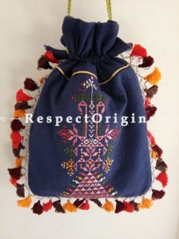 Exclusive Handmade Attractive Handmade Soof Embroidered Tassled Potli Bag; Dark Blue online at RespectOrigins.com