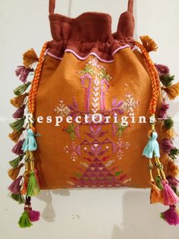 Finest Collections of Handmade Tribal Soof Embroidered Colorful Tassled Potli Bag; Mustard at RespectOrigins.com