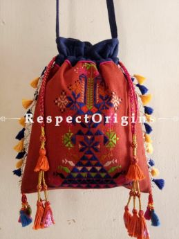 Exclusive Handmade Exotic Handmade Tribal Soof Embroidered Colorful Tassled Potli Bag; Red and Blue online at RespectOrigins.com