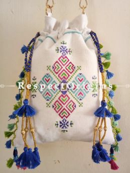 Exclusive Handmade Exotic Handmade Tribal Soof Embroidered Colorful Tassled Potli Bag; White online at RespectOrigins.com