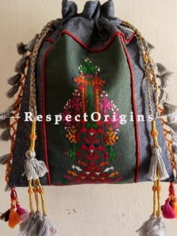 Finest Collections of Colourful and Exotic Handmade Soof Embroidered Tassled Potli Bag; Grey online at RespectOrigins.com