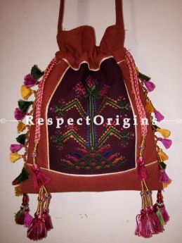 Exclusive Handmade Exotic Handmade Soof Embroidered Tassled Potli Bag;Red and Maroon online at RespectOrigins.com