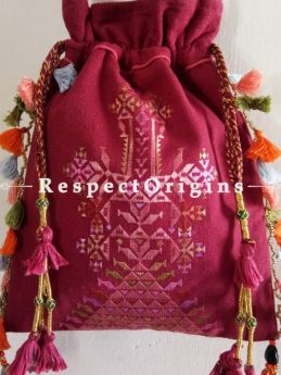 Exclusive Handmade Colourful and Exotic Handmade Soof Embroidered Tassled Potli Bag; Magenta Online at RespectOrigins.com