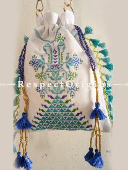 Finest Collections of Colourful and Exotic Handmade Soof Embroidered Tassled Potli Bag; White online at RespectOrigins.com
