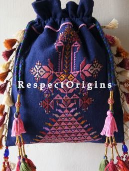 Exclusive Handmade Exotic Handmade Soof Embroidered Tassled Potli Bag; Blue online at RespectOrigins