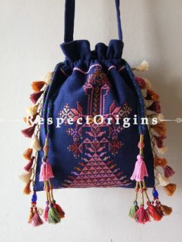 Exclusive Handmade Exotic Handmade Soof Embroidered Tassled Potli Bag; Blue online at RespectOrigins