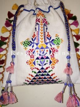 Exclusive Handmade Beautiful Handmade Soof Embroidered Tassled Potli Bag; White online at RespectOrigins.com