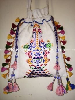 Exclusive Handmade Beautiful Handmade Soof Embroidered Tassled Potli Bag; White online at RespectOrigins.com