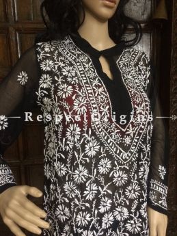 Ladies White Chikankari Embroidered Black Georgette Long Kurti; RespectOrigins.com