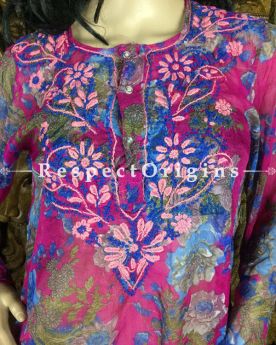 Ladies Pink Base Chiffon Kurtis With Lucknow Chikankari Embroidery in Floral Motifs; RespectOrigins.com