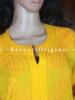 Kurti; Ladies Yellow Chikankari Embroidered Cotton Long Kurti.RespectOrigins