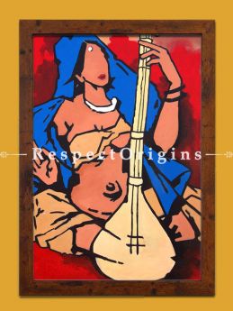 Lady Playing the Veena; M.F Hussain Reproduction Acrylic on Canvas: Modern Art Painting; 24x18 in