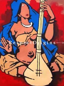 Lady Playing the Veena; M.F Hussain Reproduction Acrylic on Canvas: Modern Art Painting: 24 x 18 inches|RespectOrigins