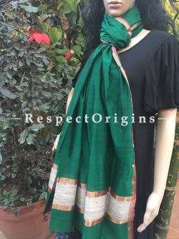 Handloom Leaf Green Maheshwari Cotton silk stole with golden Jute work and red border in 50x35 inches; RespectOrigins.com