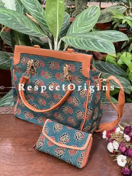 Green Trendy Hand Block printed leatherette ladies Hand Bag with Handle 12 X 12"  and Clutch; 6 X 4"; RespectOrigins.com