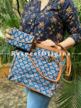 Vibrant Blue Hand block printed leatherette Ladies Bag with Handle 12 X 12"  and Clutch; 6 X 4"; RespectOrigins.com