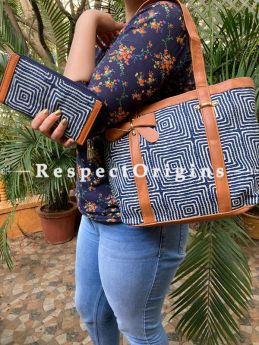 Vibrant Dark Blue Hand block printed leatherette Ladies Bag with straps 20" and Clutch 9 X 5 " Inches; RespectOrigins.com