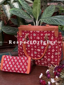 Trendy Red Hand Block Printed leatherette Toe Bag with Handle and Clutch; 8 X 5" Inches; RespectOrigins.com