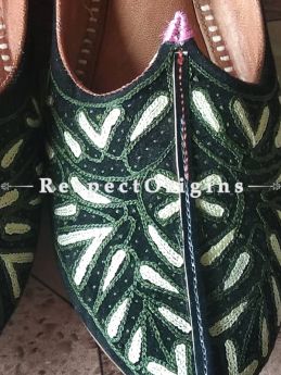 Joyful Camel Leather Soft Ladies Hand Embroidered Green and White Slip-on Jutti Mojari Shoes Size 36/37/38/39; RespectOrigins.com