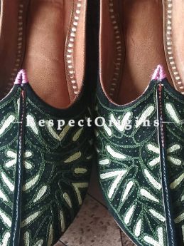 Joyful Camel Leather Soft Ladies Hand Embroidered Green and White Slip-on Jutti Mojari Shoes Size 36/37/38/39; RespectOrigins.com