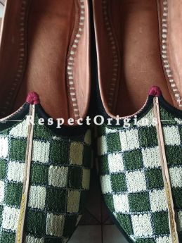 Ethnic Leather Soft Ladies Hand Embroidered Slip-on Green and White Jutti Mojari Shoes Size 36/37/38/39; RespectOrigins.com