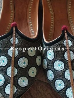 Ethnic Leather Soft Ladies Hand Embroidered Slip-on Gray and White Jutti Mojari Shoes Size 36/37/38/39; RespectOrigins.com