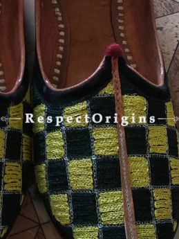 Ethnic Leather Soft Ladies Hand Embroidered Slip-on Black and Yellow Jutti Mojari Shoes Size 36/37/38/39; RespectOrigins.com