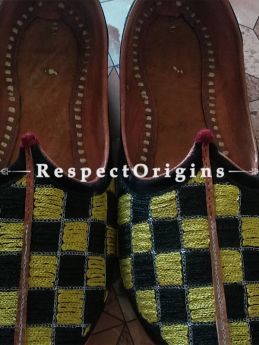 Ethnic Leather Soft Ladies Hand Embroidered Slip-on Black and Yellow Jutti Mojari Shoes Size 36/37/38/39; RespectOrigins.com