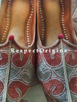Joyful Camel Leather Soft Ladies Hand Embroidered Slip-on Gray and Maroon Jutti Mojari Shoes Size 36/37/38/39; RespectOrigins.com
