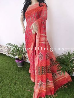 Linen Ghicha Silk Hand Block Printed Floral Saree in Pink with Running Blouse ; RespectOrigins.com