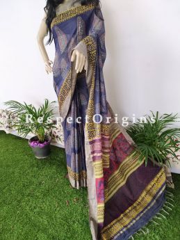 Blue Linen Ghicha Silk Hand Block Printed Floral Saree with Running Blouse; RespectOrigins.com
