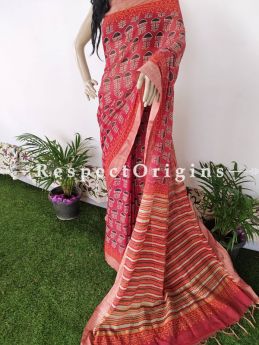 Red Linen Ghicha Silk Hand Block Printed Floral Saree with Running Blouse ; RespectOrigins.com
