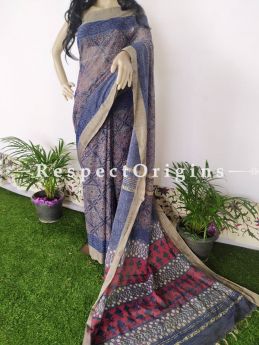  Linen Ghicha Silk Hand Block Printed Floral Saree in Blue with Running Blouse ; RespectOrigins.com