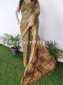 Green and Light Brown Linen Ghicha Silk Hand Block Printed Floral Saree with Running Blouse ; RespectOrigins.com