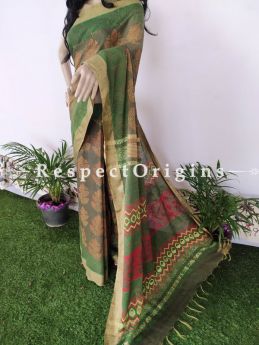 Green Linen Ghicha Silk Hand Block Printed Floral Saree with Running Blouse ; RespectOrigins.com