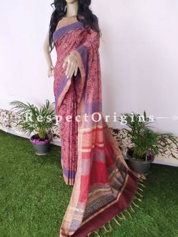 Linen Ghicha Silk Hand Block Printed Floral Saree in Pink & Blue with Running Blouse ; RespectOrigins.com