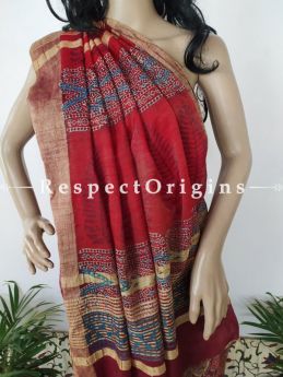 Linen Ghicha Silk Hand Block Printed Floral Saree in Pink & Blue with Running Blouse ; RespectOrigins.com