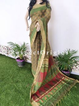 Linen Ghicha Silk Hand Block Printed Floral Saree in Green with Running Blouse ; RespectOrigins.com