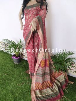 Linen Ghicha Silk Hand Block Printed Floral Saree in Red & Green with Running Blouse ; RespectOrigins.com