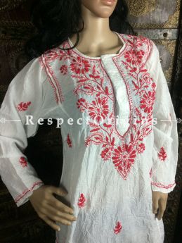Lucknowi Chikankari embroidered Ladies long White Cotton Kurti with red embroidered neck work; RespectOrigins.com