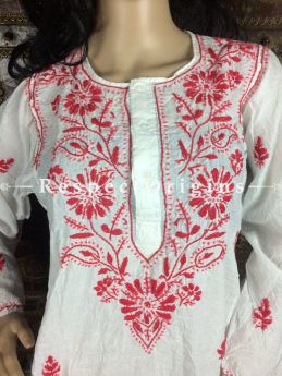 Kurti; Lucknow Chikankari embroidered Ladies White Cotton with red embroidered neck work.RespectOrigins.